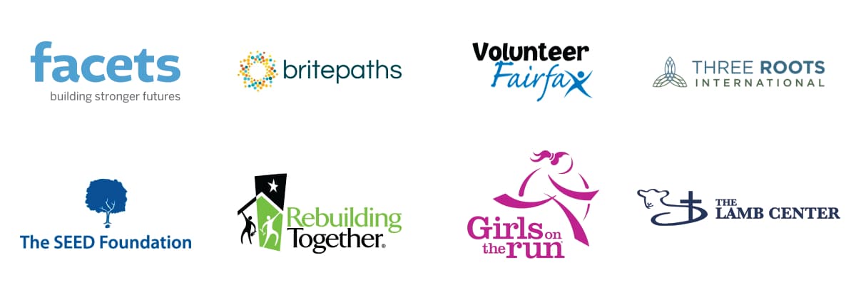 Local non-profits we collaborate with: FACETS, BritePaths, Volunteer Fairfax, Three Roots International, The SEED Foundation, Rebuilding Together, Girls on the Run, The Lamb Center